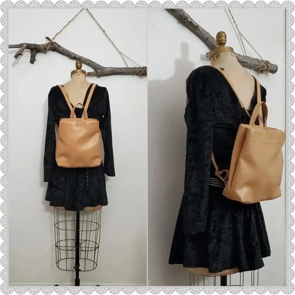 Vintage Tan Camel Leather Boho Market Travel IPAD Tote Backpack